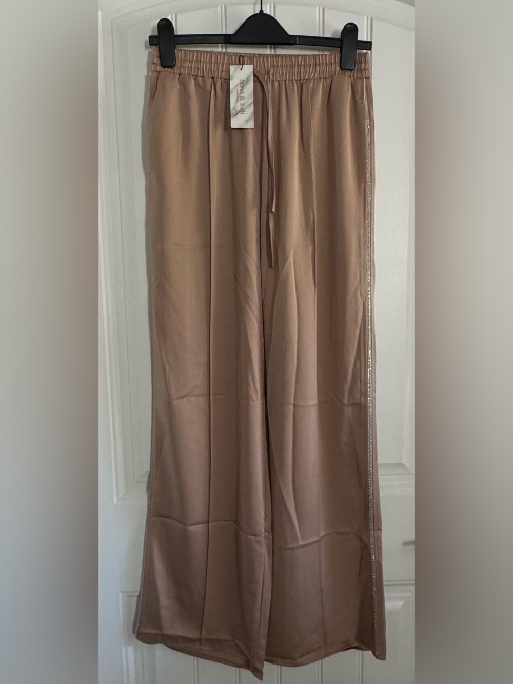 Wide Leg Satin-Feel Pants in Taupe with Side Trim